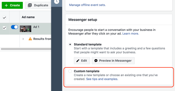 Cómo apuntar a clientes potenciales cálidos con anuncios de Facebook Messenger, paso 10, opción de plantilla personalizada de destino de mensajería