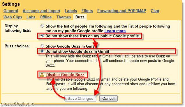 en la configuración de Gmail, haga clic en la pestaña Google Buzz
