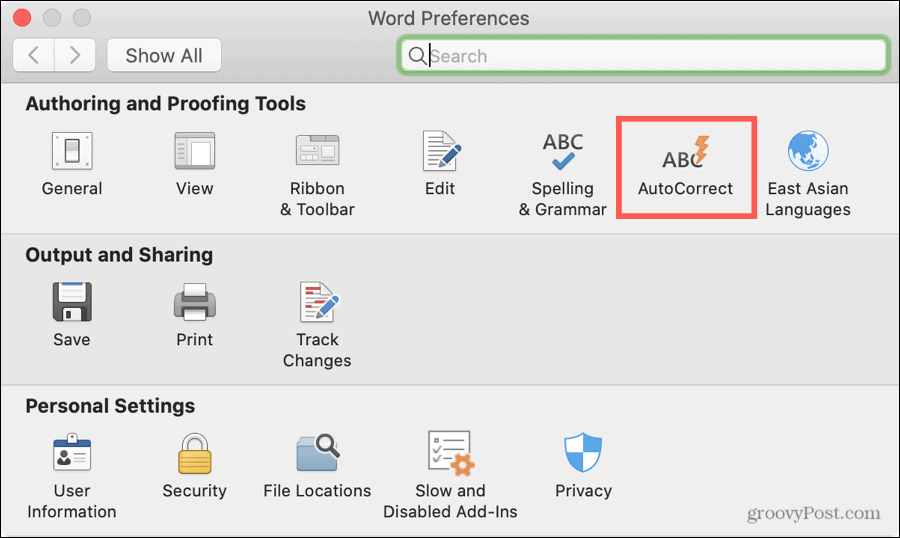 Autocorrección de preferencias de Word en Mac