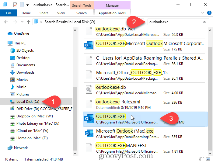 Busque Outlook en el Explorador de archivos