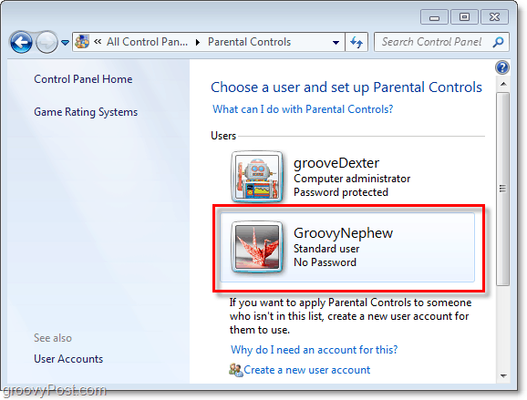 elija un usuario para ajustar las propiedades de los controles parentales en Windows 7