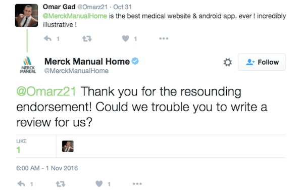 Merck Manual Home anima a los clientes a dejar una reseña de su aplicación.