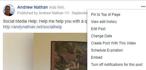 Para obtener el código de inserción en una publicación de video de Facebook Live, haga clic en el menú de tres puntos y seleccione Insertar.