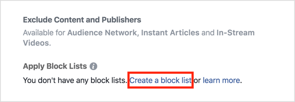 En la sección Ubicaciones de su anuncio, haga clic en Aplicar listas de bloqueo y luego en Crear una lista de bloqueo.