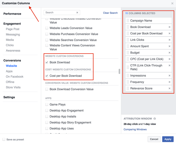 Seleccione las columnas que desea agregar a su tabla de resultados de anuncios de Facebook.