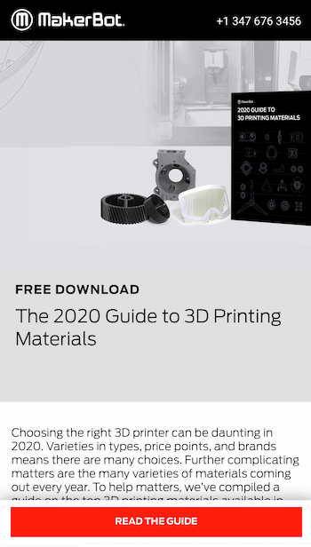 captura de pantalla de una página de destino de makerbot con una llamada a la acción de "leer la guía" para su descarga gratuita