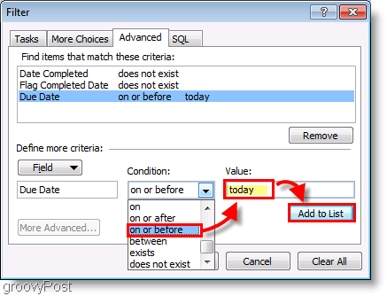 Captura de pantalla: Filtro de configuración de la barra de tareas de Outlook 2007 hoy