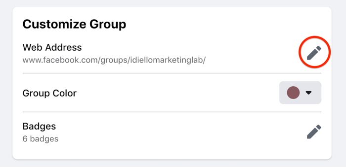 Facebook personalizar la opción de configuración del grupo resaltada para editar la dirección web
