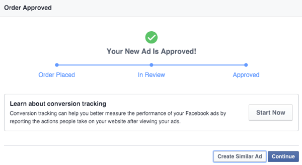 notificación de aprobación móvil del anuncio de lienzo de facebook