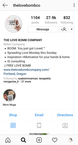 Ejemplo de biografía de perfil de empresa de Instagram con oferta de @thelovebombco.