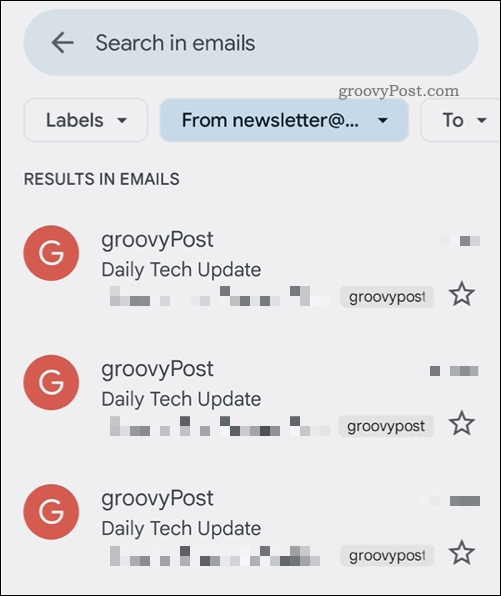 Resultados de búsqueda de la aplicación Gmail