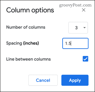 El menú de opciones de columna en Google Docs