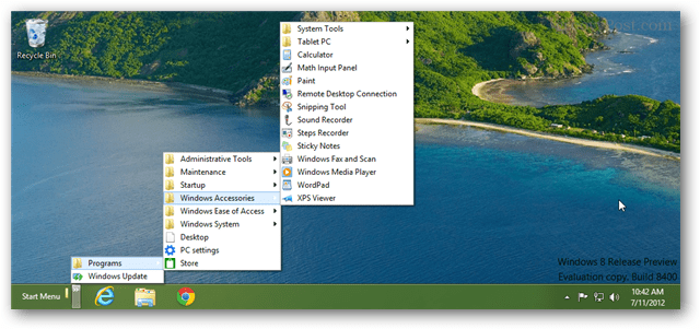 Windows 8 oscila un nuevo menú de inicio a través de la barra de herramientas de la barra de tareas