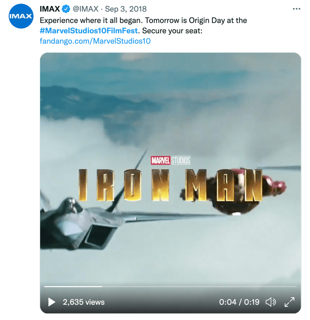 imagen del tweet de IMAX sobre el festival de cine de 10 años de Marvel Studios