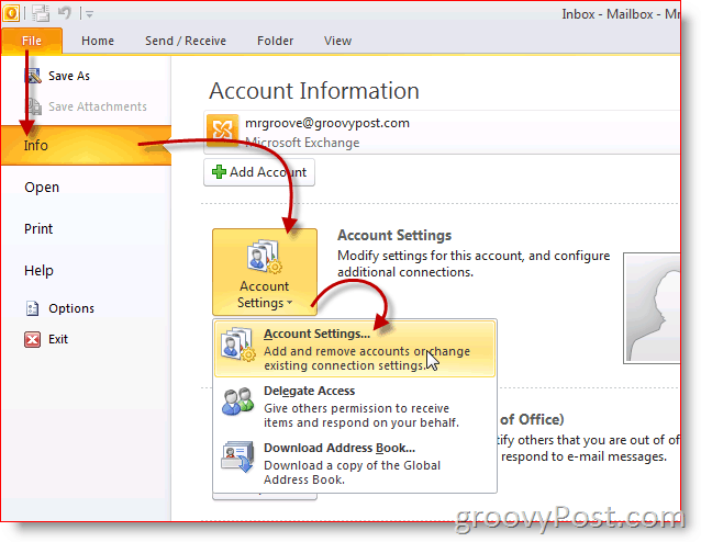 Configuración de la cuenta de captura de pantalla de Outlook 2010