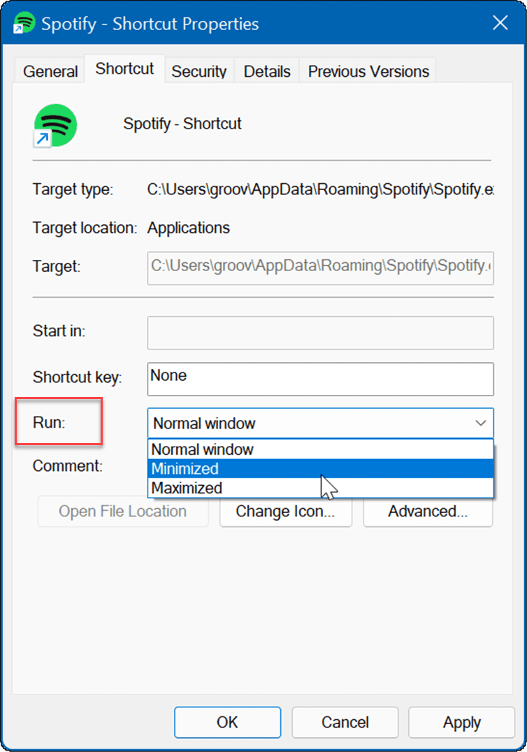 las propiedades de acceso directo inician aplicaciones durante el inicio en Windows 11