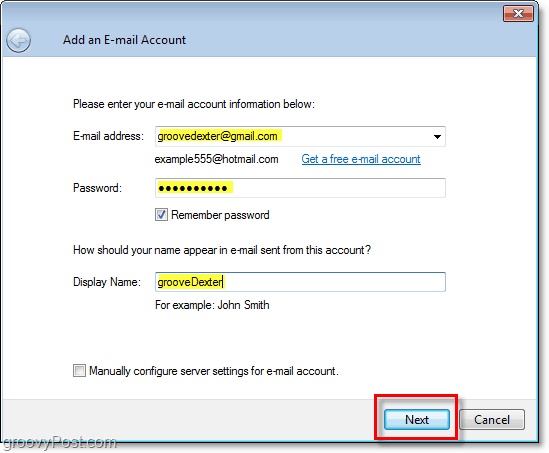 ingrese las credenciales para la cuenta de correo electrónico en Windows Live Mail