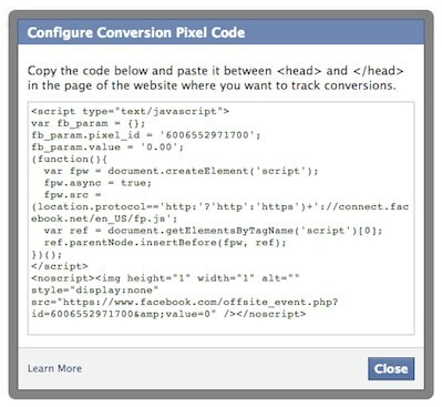 código de píxel de conversión de facebook