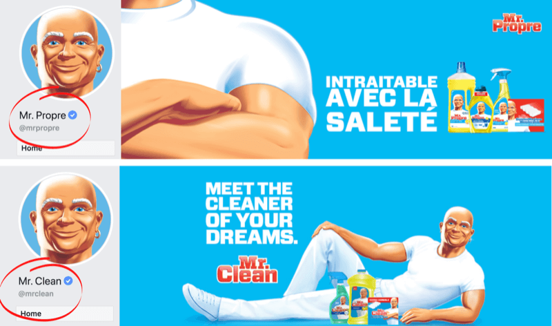 Página de Facebook e imagen de portada que muestra las diferencias de idioma para la marca Mr. Clean en los mercados de Francia / Bélgica y EE. UU.