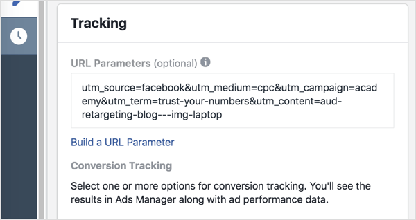 En el Administrador de anuncios, agregue sus parámetros de seguimiento (todo lo que esté después del signo de interrogación) en el cuadro Parámetros de URL.