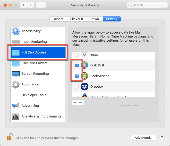 Autorizar el acceso completo de la unidad a Disk Drill en macOS