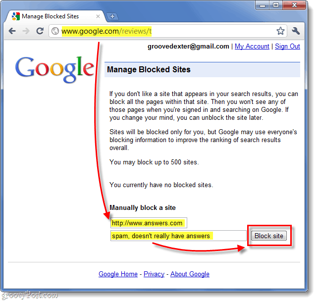 bloquear manualmente un sitio web de los resultados de búsqueda de google 