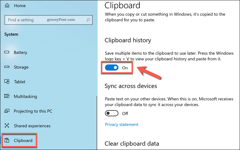 Habilitar el historial del portapapeles en Windows 10