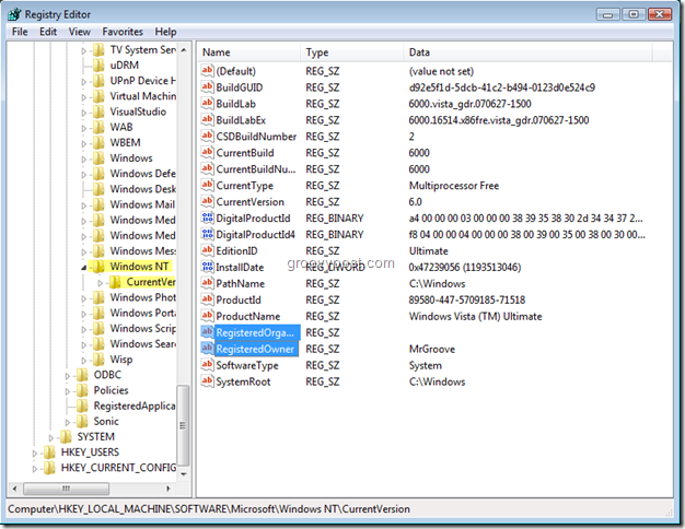 Captura de pantalla del Editor del Registro de Windows