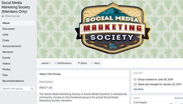 Cómo utilizar las funciones de Grupos de Facebook, ejemplo de página de grupo de Facebook para Social Media Marketing Society