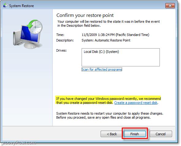 cómo confirmar que está restaurando su Windows 7 con un punto de restauración y crear un disco de restablecimiento de contraseña
