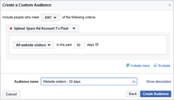 Elija opciones para configurar una audiencia personalizada de Facebook de todos los visitantes del sitio web en los últimos 30 días