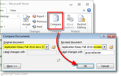 comparar o combinar documentos de oficina de 2010