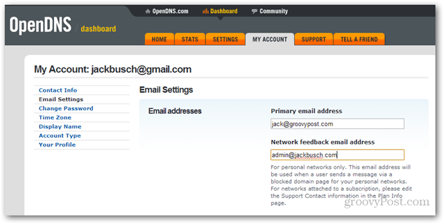 cambiar opendns red admin email addy