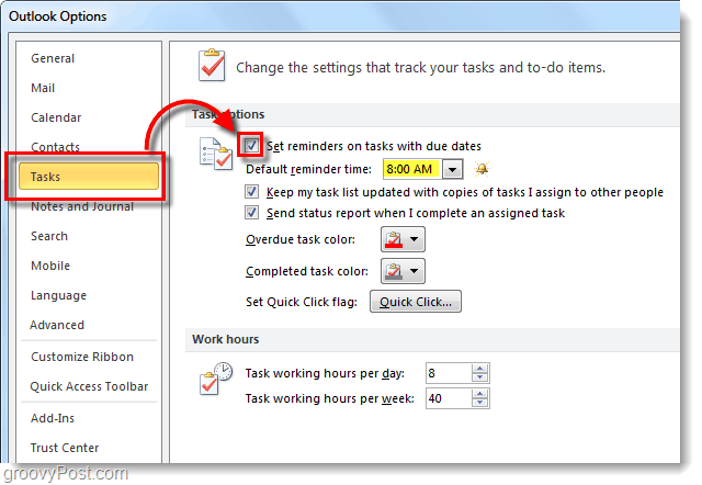 Cómo configurar recordatorios de tareas predeterminados para Outlook 2010
