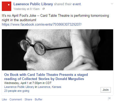 publicación de facebook del evento de la biblioteca pública de Lawrence