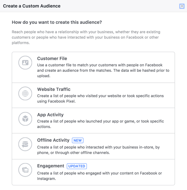 En la herramienta Audiencias de Facebook, seleccione Participación para crear una audiencia de personas que hayan visto sus videos en vivo.