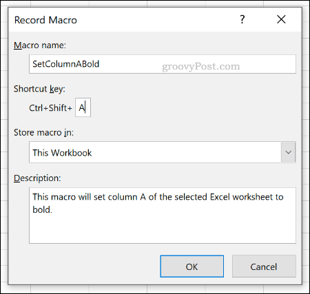 El menú de opciones Grabar macro en Excel