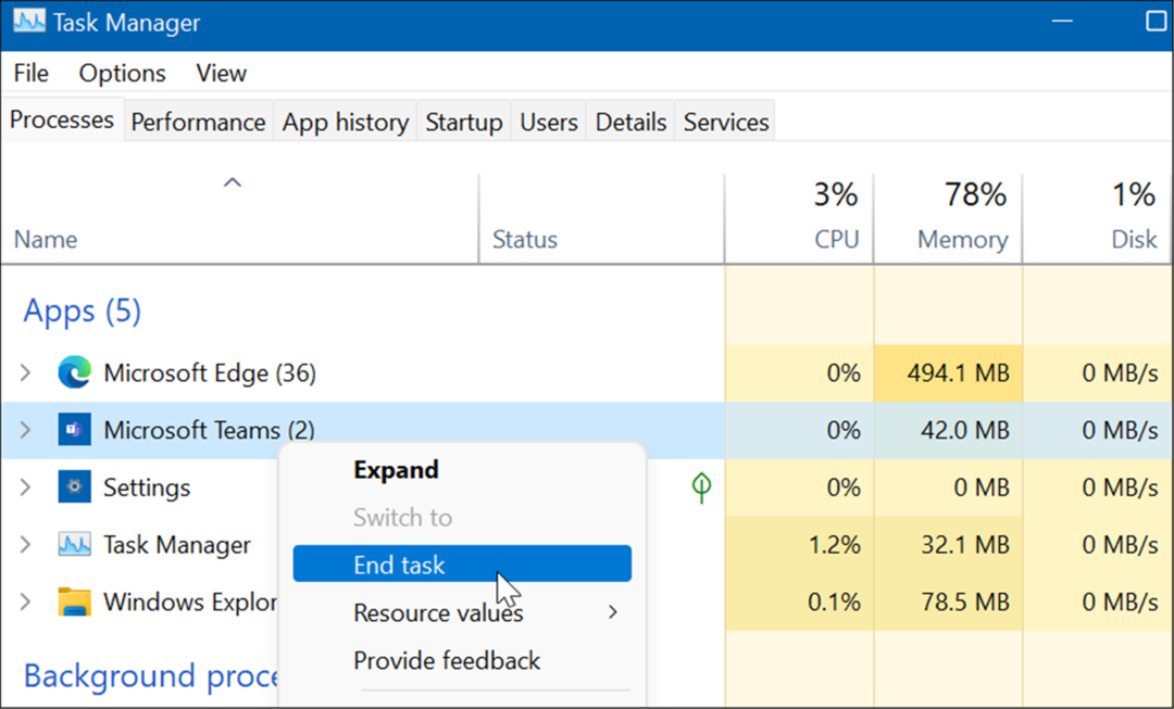 finalizar el administrador de tareas de Microsoft Teams