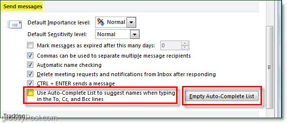 deshabilite la función de autocompletar en Outlook 2010 y borre la caché de autocompletar