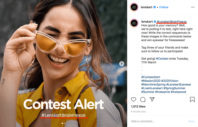 ejemplo de publicación de concurso de Instagram que incluye hashtag de marca en la imagen y el título
