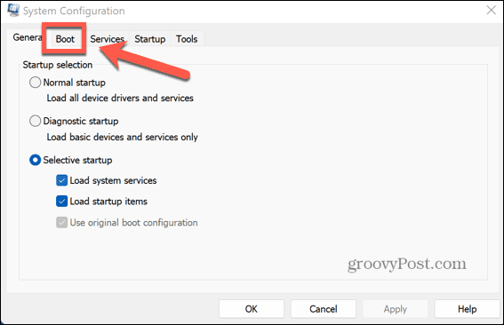 menú de arranque de msconfig de windows