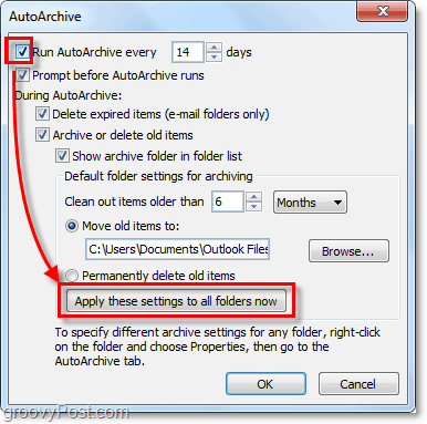 habilitar el archivo automático para todos los correos electrónicos de Outlook 2010