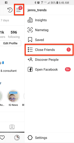Opción para amigos cercanos desde un perfil de Instagram.