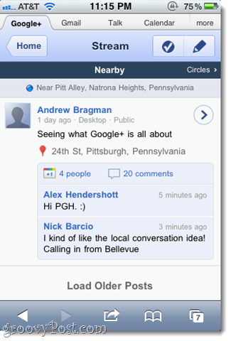 Recorrido de captura de pantalla de la aplicación web de iPhone de Google+