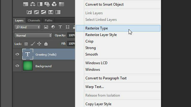 Truco Transformaciones de capa de texto de Photoshop Truco rasterizar tipo capa capas panel de capa Capa de trama de Photoshop
