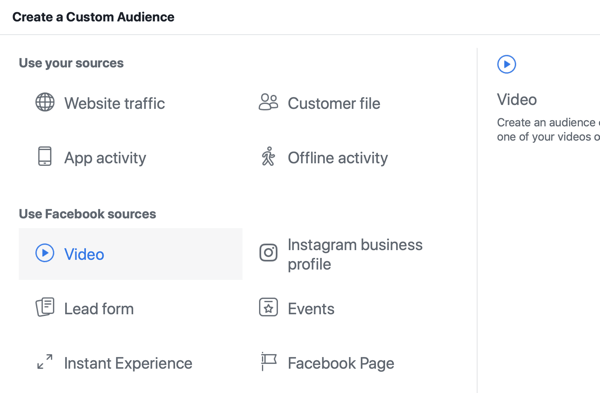 Cómo promocionar su evento en vivo en Facebook, paso 8, crear una audiencia personalizada en Facebook Ads Manager en función de las vistas de video