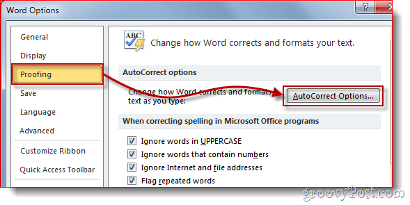 Menú de corrección de Word 2010