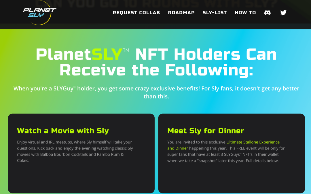 imagen del sitio web de PlanetSly que explica los beneficios para los titulares de SLYGuy NFT