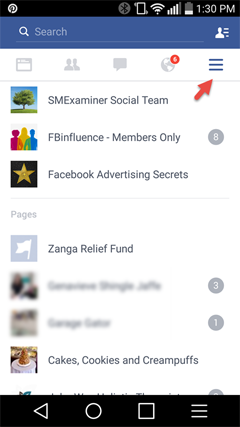 acceder a las páginas desde la aplicación de Facebook