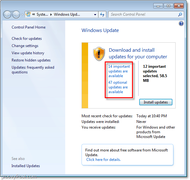 Windows 7: captura de pantalla de la página de actualización de Windows